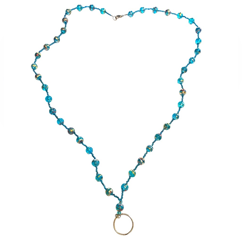 Lanyard Badge Holder Necklace Blue Beaded